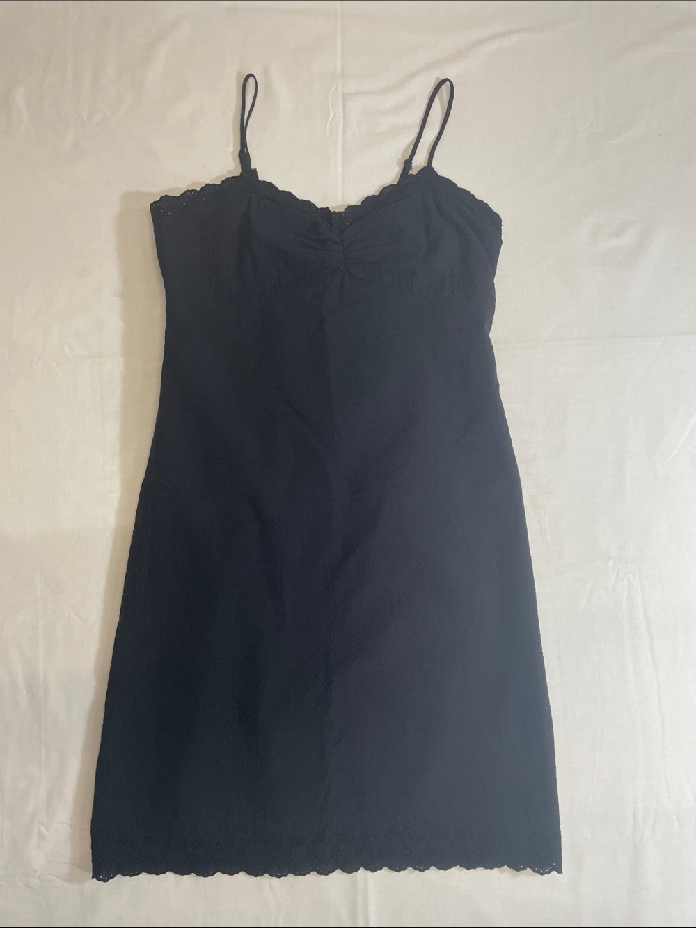 GAP Black Lace-Trim Mini Slip Dress crape cotton eyelet details lined OG 90s Y2K